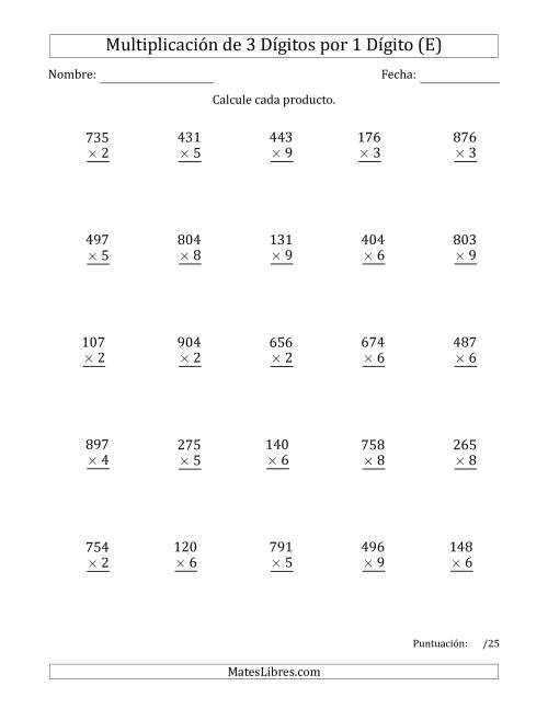 La hoja de ejercicios de Multiplicar Números de 3 Dígitos por 1 Dígito (E)