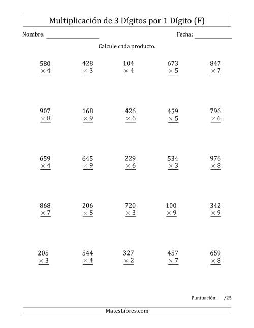 La hoja de ejercicios de Multiplicar Números de 3 Dígitos por 1 Dígito (F)