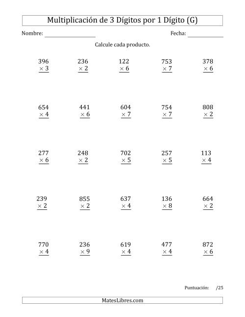 La hoja de ejercicios de Multiplicar Números de 3 Dígitos por 1 Dígito (G)