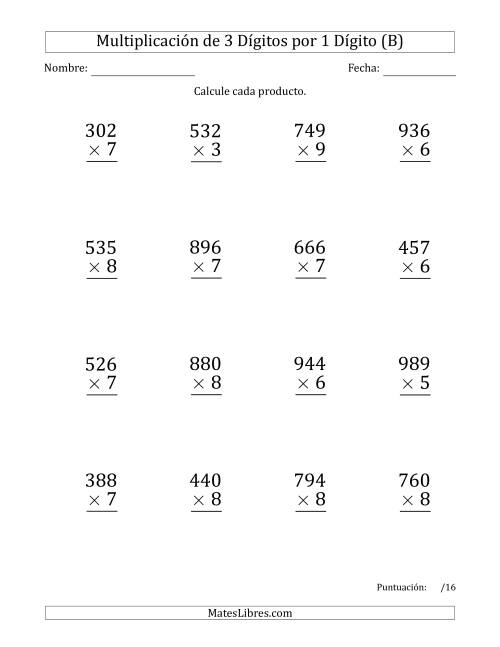 La hoja de ejercicios de Multiplicar Números de 3 Dígitos por 1 Dígito (Formato Grande) (B)