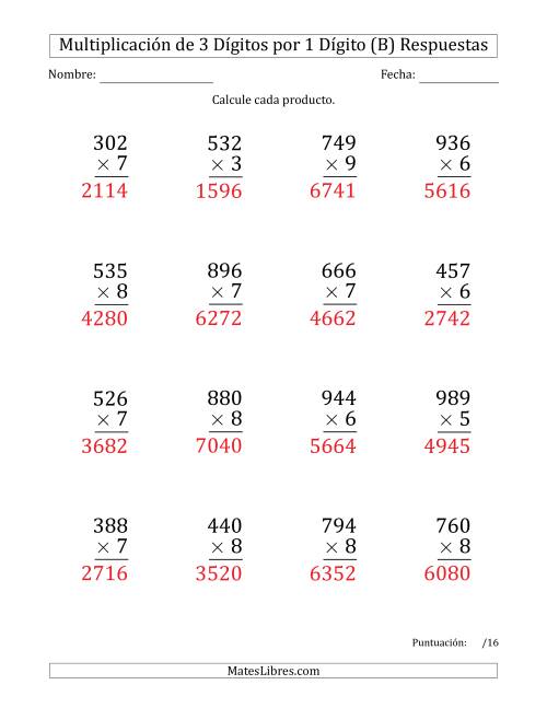 La hoja de ejercicios de Multiplicar Números de 3 Dígitos por 1 Dígito (Formato Grande) (B) Página 2