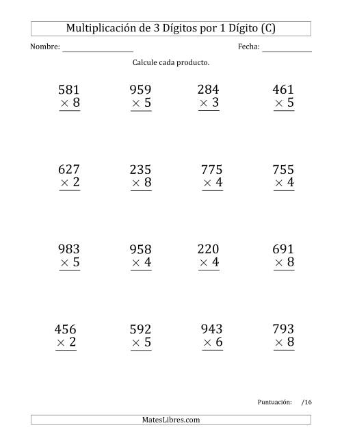 La hoja de ejercicios de Multiplicar Números de 3 Dígitos por 1 Dígito (Formato Grande) (C)