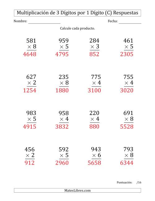 La hoja de ejercicios de Multiplicar Números de 3 Dígitos por 1 Dígito (Formato Grande) (C) Página 2