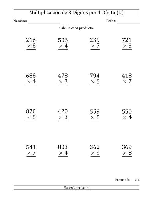 La hoja de ejercicios de Multiplicar Números de 3 Dígitos por 1 Dígito (Formato Grande) (D)