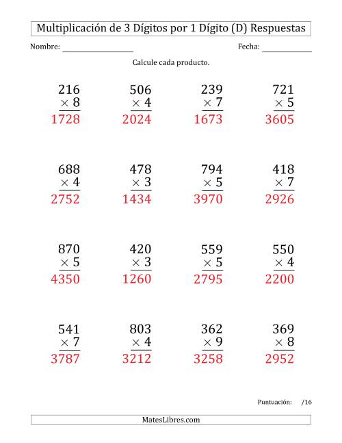 La hoja de ejercicios de Multiplicar Números de 3 Dígitos por 1 Dígito (Formato Grande) (D) Página 2