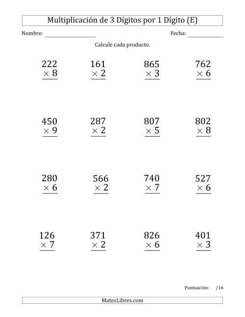 La hoja de ejercicios de Multiplicar Números de 3 Dígitos por 1 Dígito (Formato Grande) (E)