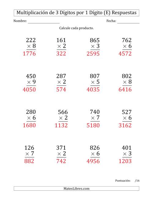 La hoja de ejercicios de Multiplicar Números de 3 Dígitos por 1 Dígito (Formato Grande) (E) Página 2