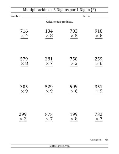 La hoja de ejercicios de Multiplicar Números de 3 Dígitos por 1 Dígito (Formato Grande) (F)