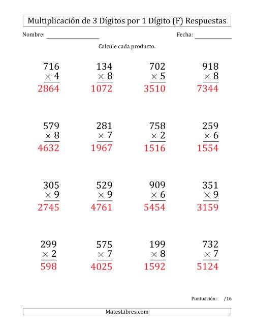 La hoja de ejercicios de Multiplicar Números de 3 Dígitos por 1 Dígito (Formato Grande) (F) Página 2