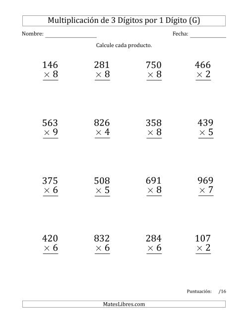 La hoja de ejercicios de Multiplicar Números de 3 Dígitos por 1 Dígito (Formato Grande) (G)