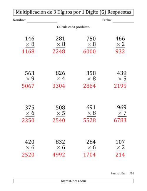 La hoja de ejercicios de Multiplicar Números de 3 Dígitos por 1 Dígito (Formato Grande) (G) Página 2