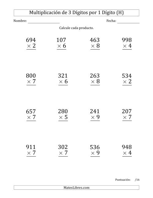 La hoja de ejercicios de Multiplicar Números de 3 Dígitos por 1 Dígito (Formato Grande) (H)