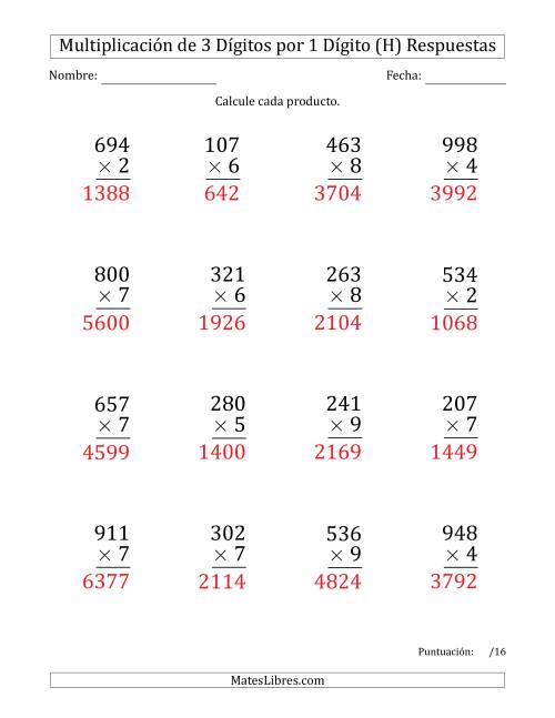La hoja de ejercicios de Multiplicar Números de 3 Dígitos por 1 Dígito (Formato Grande) (H) Página 2