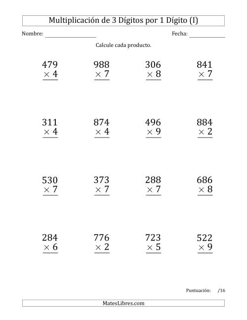 La hoja de ejercicios de Multiplicar Números de 3 Dígitos por 1 Dígito (Formato Grande) (I)