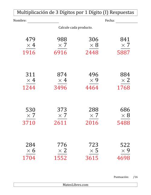 La hoja de ejercicios de Multiplicar Números de 3 Dígitos por 1 Dígito (Formato Grande) (I) Página 2