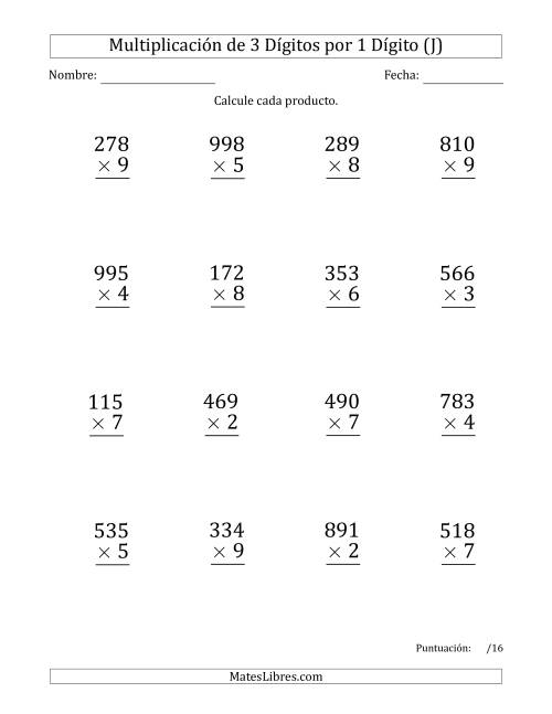La hoja de ejercicios de Multiplicar Números de 3 Dígitos por 1 Dígito (Formato Grande) (J)