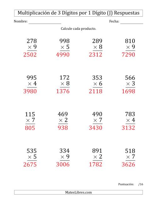 La hoja de ejercicios de Multiplicar Números de 3 Dígitos por 1 Dígito (Formato Grande) (J) Página 2