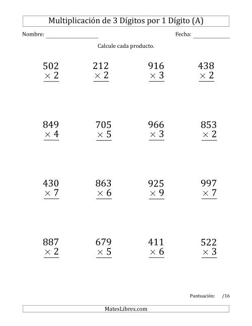 La hoja de ejercicios de Multiplicar Números de 3 Dígitos por 1 Dígito (Formato Grande) (Todas)