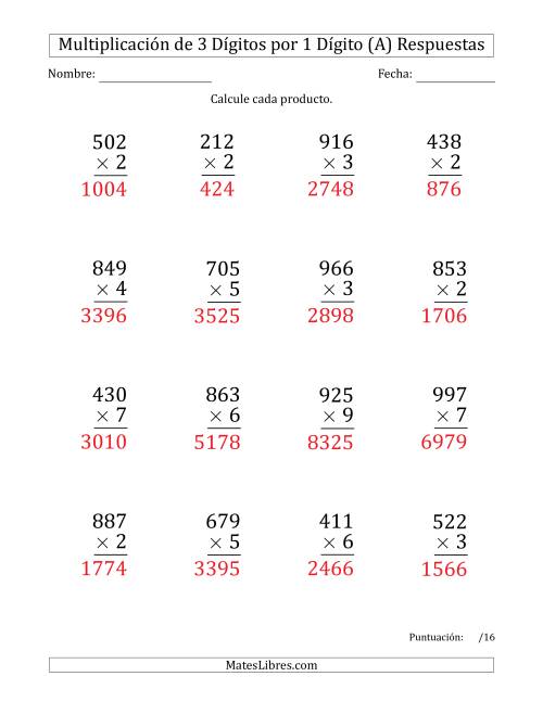 La hoja de ejercicios de Multiplicar Números de 3 Dígitos por 1 Dígito (Formato Grande) (Todas) Página 2