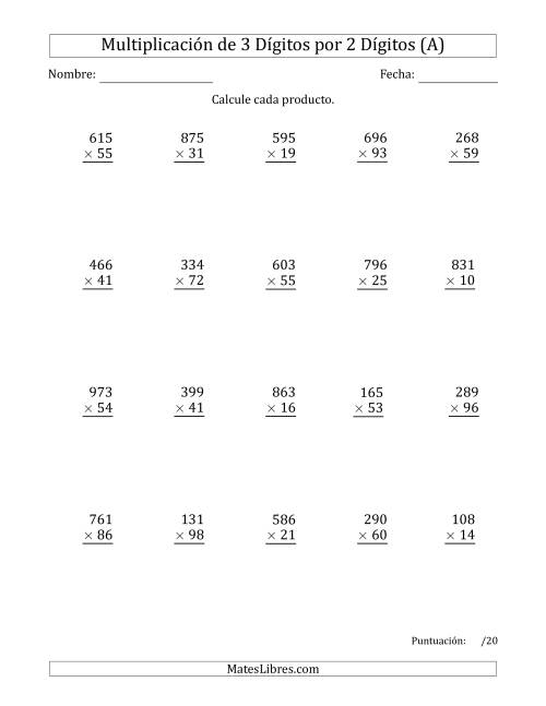 La hoja de ejercicios de Multiplicar Números de 3 Dígitos por 2 Dígitos (A)