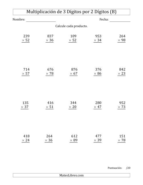 La hoja de ejercicios de Multiplicar Números de 3 Dígitos por 2 Dígitos (B)