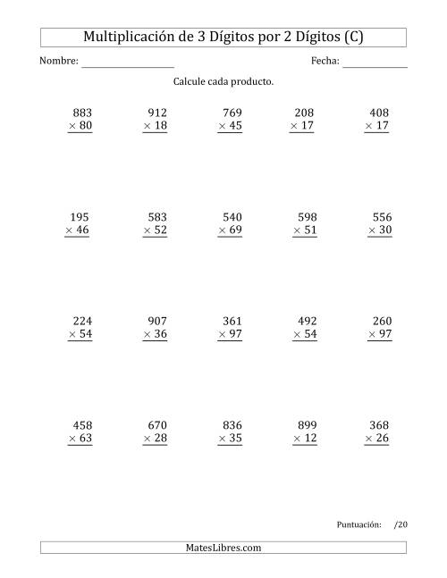 La hoja de ejercicios de Multiplicar Números de 3 Dígitos por 2 Dígitos (C)