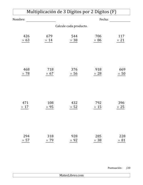 La hoja de ejercicios de Multiplicar Números de 3 Dígitos por 2 Dígitos (F)