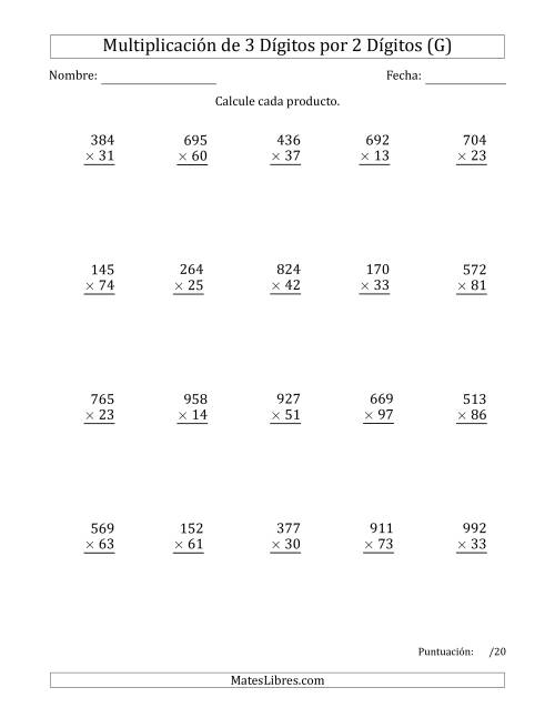La hoja de ejercicios de Multiplicar Números de 3 Dígitos por 2 Dígitos (G)