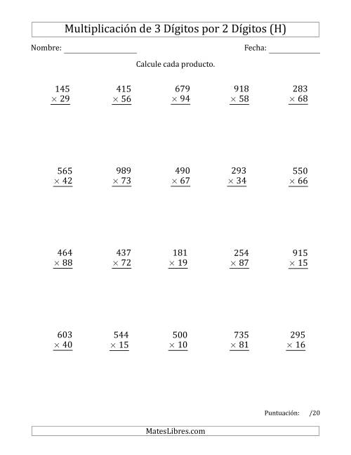 La hoja de ejercicios de Multiplicar Números de 3 Dígitos por 2 Dígitos (H)