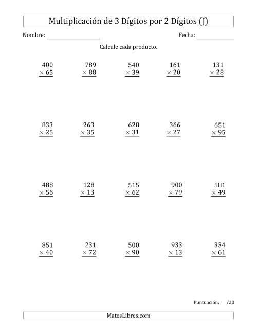 La hoja de ejercicios de Multiplicar Números de 3 Dígitos por 2 Dígitos (J)