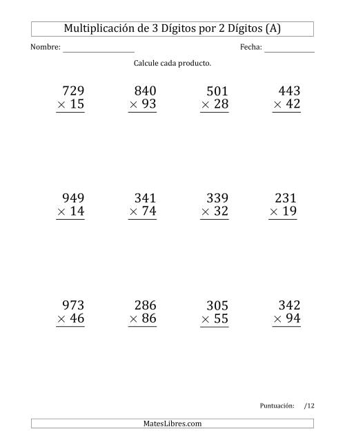 La hoja de ejercicios de Multiplicar Números de 3 Dígitos por 2 Dígitos (Formato Grande) (A)