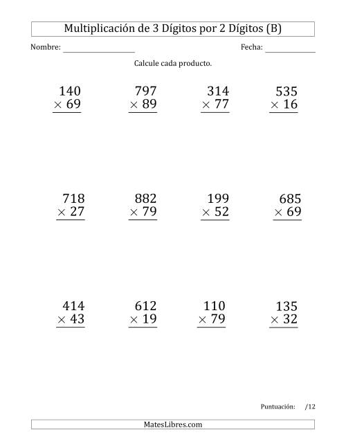 La hoja de ejercicios de Multiplicar Números de 3 Dígitos por 2 Dígitos (Formato Grande) (B)