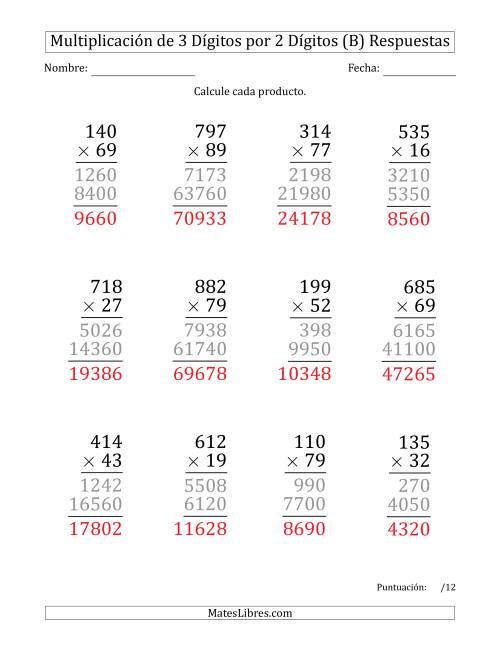La hoja de ejercicios de Multiplicar Números de 3 Dígitos por 2 Dígitos (Formato Grande) (B) Página 2