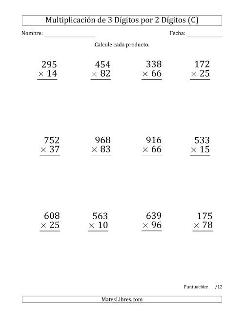 La hoja de ejercicios de Multiplicar Números de 3 Dígitos por 2 Dígitos (Formato Grande) (C)