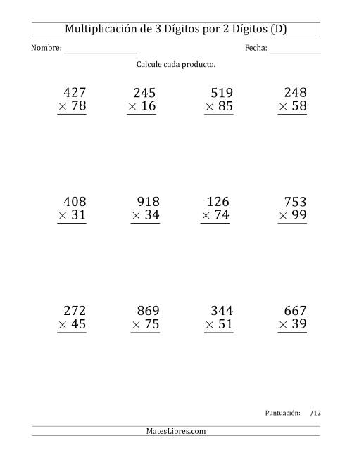 La hoja de ejercicios de Multiplicar Números de 3 Dígitos por 2 Dígitos (Formato Grande) (D)