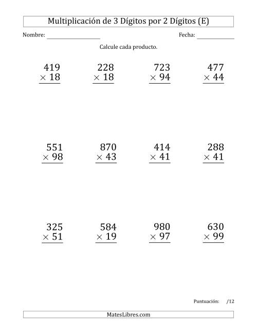 La hoja de ejercicios de Multiplicar Números de 3 Dígitos por 2 Dígitos (Formato Grande) (E)