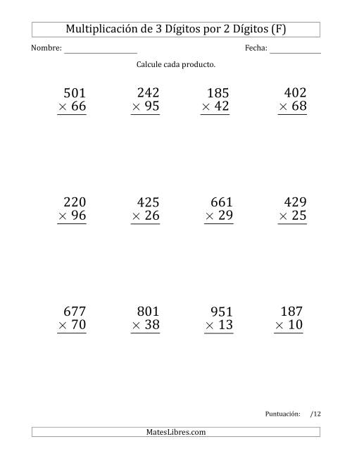 La hoja de ejercicios de Multiplicar Números de 3 Dígitos por 2 Dígitos (Formato Grande) (F)