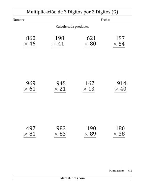 La hoja de ejercicios de Multiplicar Números de 3 Dígitos por 2 Dígitos (Formato Grande) (G)