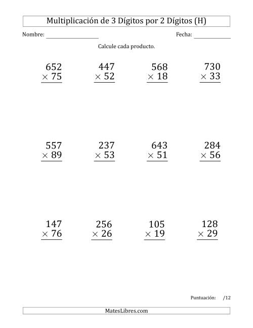La hoja de ejercicios de Multiplicar Números de 3 Dígitos por 2 Dígitos (Formato Grande) (H)
