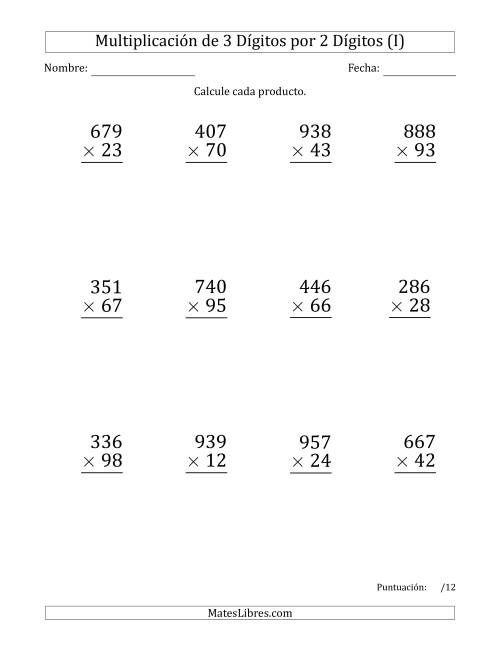 La hoja de ejercicios de Multiplicar Números de 3 Dígitos por 2 Dígitos (Formato Grande) (I)