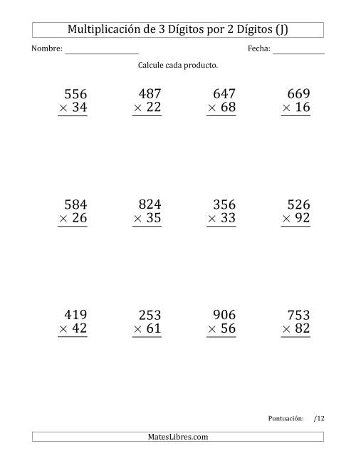 La hoja de ejercicios de Multiplicar Números de 3 Dígitos por 2 Dígitos (Formato Grande) (J)