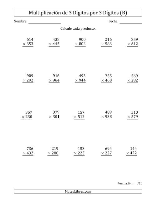 La hoja de ejercicios de Multiplicar Números de 3 Dígitos por 3 Dígitos (B)