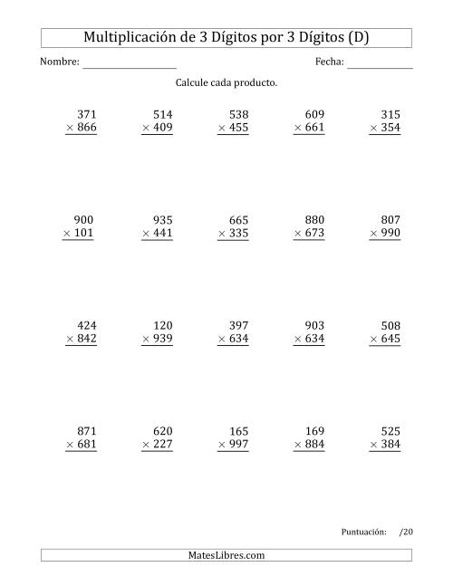 La hoja de ejercicios de Multiplicar Números de 3 Dígitos por 3 Dígitos (D)