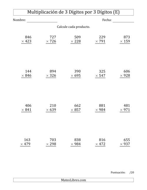 La hoja de ejercicios de Multiplicar Números de 3 Dígitos por 3 Dígitos (E)