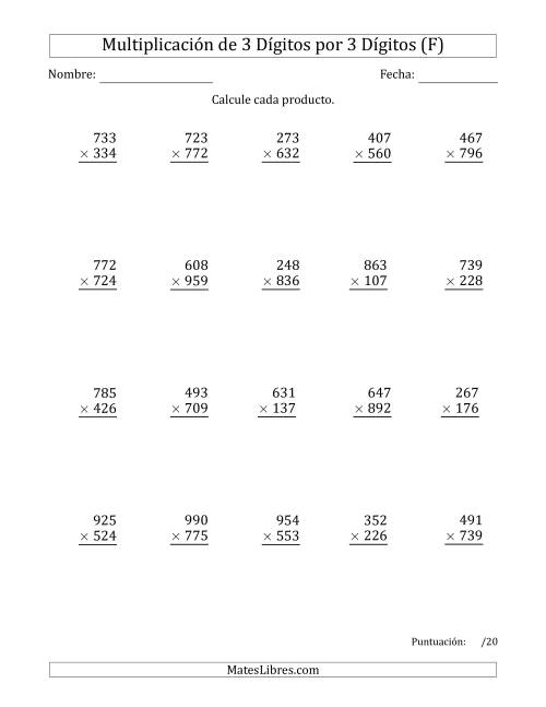 La hoja de ejercicios de Multiplicar Números de 3 Dígitos por 3 Dígitos (F)