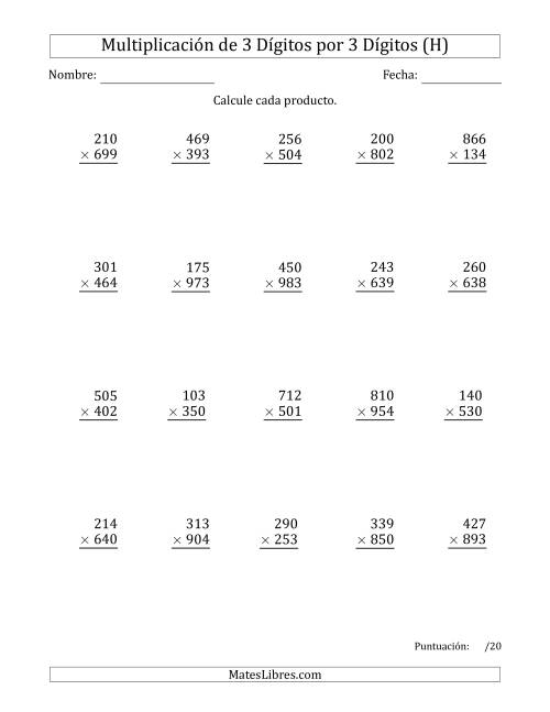 La hoja de ejercicios de Multiplicar Números de 3 Dígitos por 3 Dígitos (H)