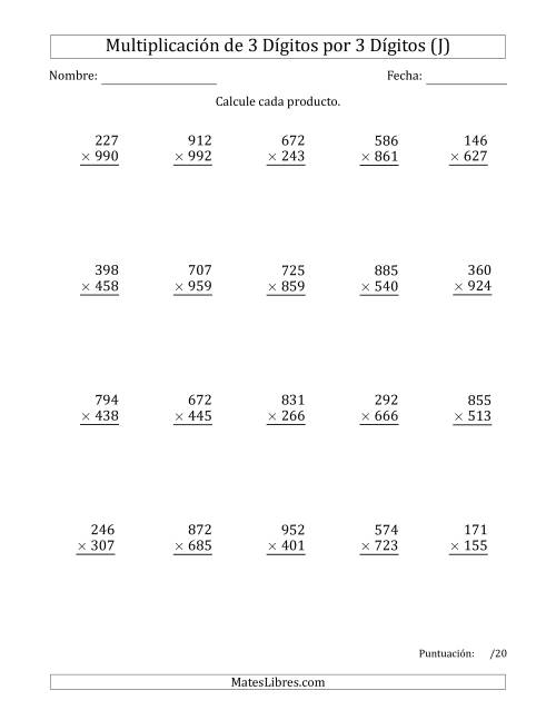 La hoja de ejercicios de Multiplicar Números de 3 Dígitos por 3 Dígitos (J)