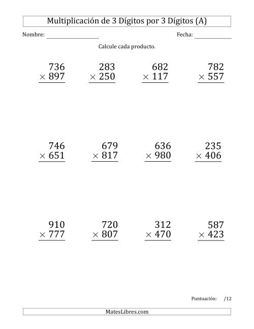 La hoja de ejercicios de Multiplicar Números de 3 Dígitos por 3 Dígitos (Formato Grande) (A)