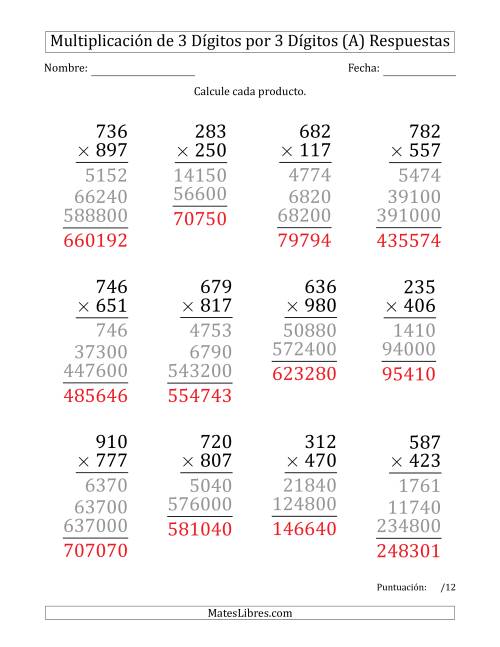 La hoja de ejercicios de Multiplicar Números de 3 Dígitos por 3 Dígitos (Formato Grande) (A) Página 2