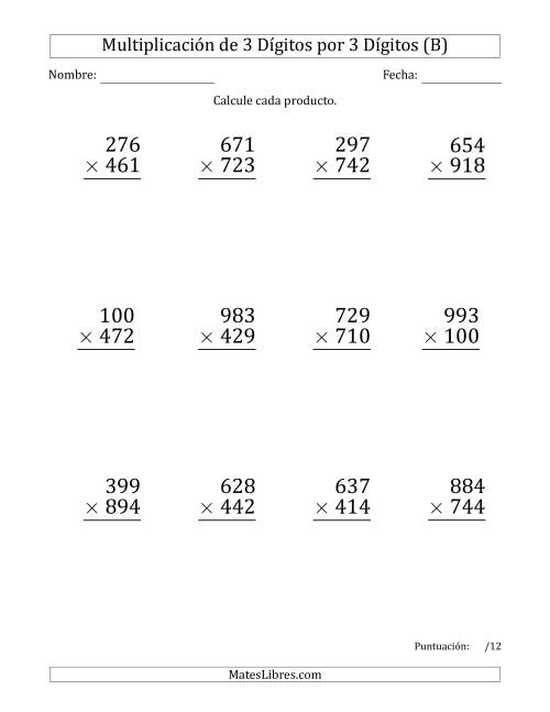 La hoja de ejercicios de Multiplicar Números de 3 Dígitos por 3 Dígitos (Formato Grande) (B)
